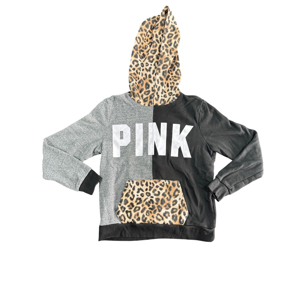 PINK Victoria's Secret Colorblock Leopard-Trim Hoodie Like New Medium